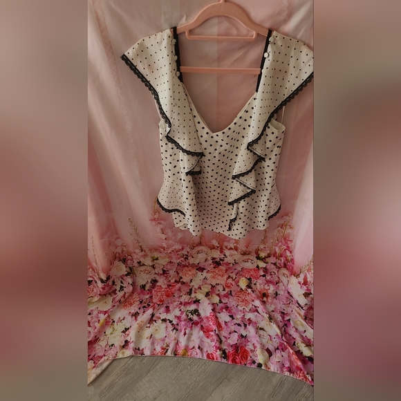 New Adelyn Rae Womens White Black Mini Dress Polka Dots Ruffle Convertible S… - Picture 6 of 12